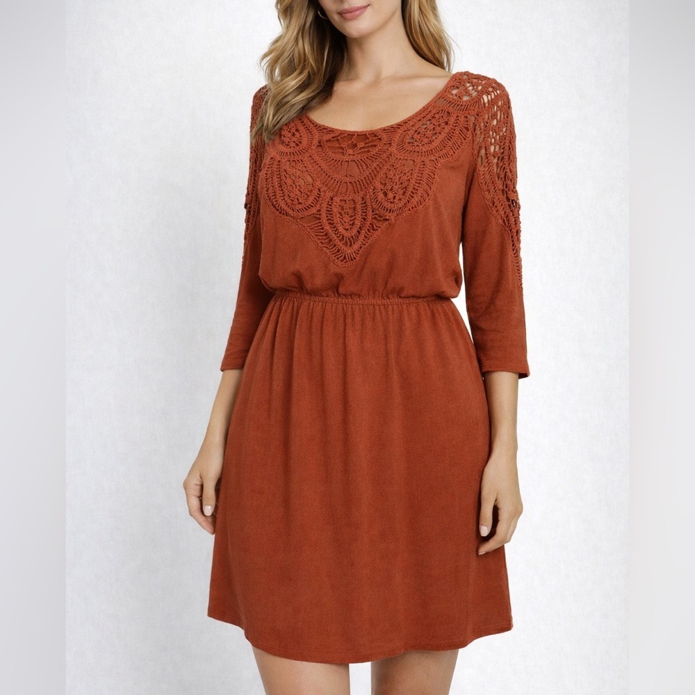 Maitai Rust Crochet Lace Yoke Boho Midi Dress | 3/4 Sleeve (1170)
